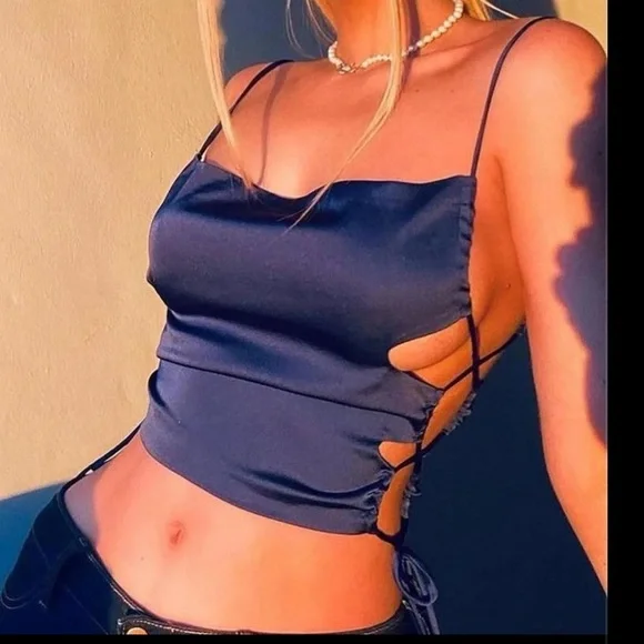 Fashion Nova All Caught Up Elegant Navy Blue Satin Tie Up Top - Picture 1 of 2